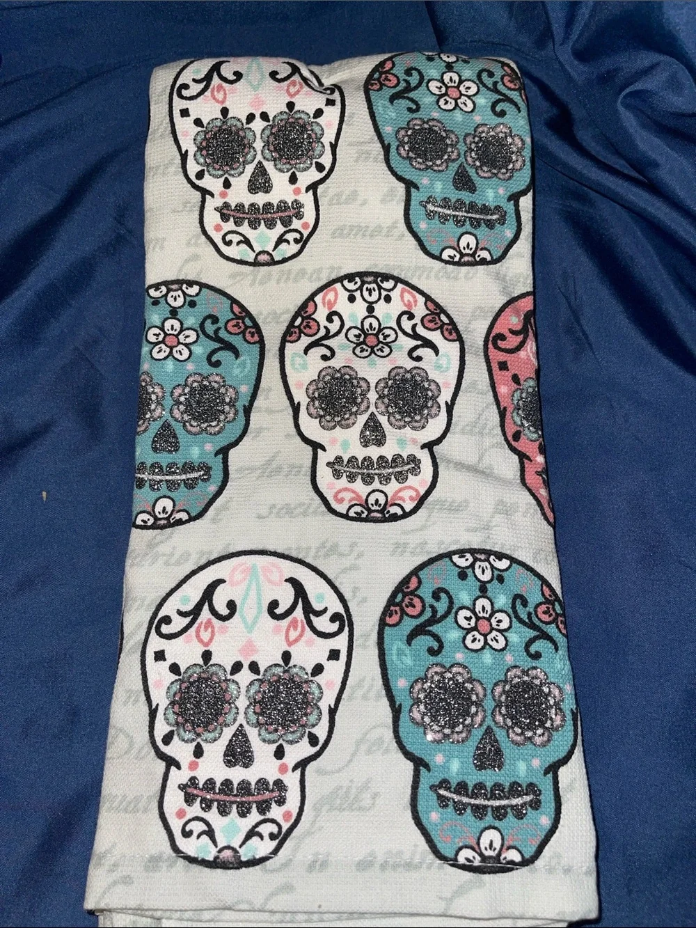 Sugar Skull Kitchen Towels - White with Teal and Pink Skulls